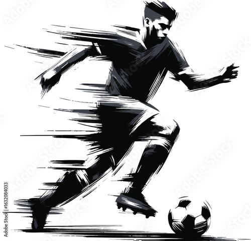 Vibrant artistic rendering of a soccer player running with a ball, conveying energy and action. Perfect for sports-themed designs or concepts emphasizing activity.