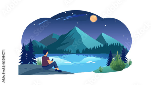 Nighttime mountain lake landscape illustration with person using smartphone for social media sharing