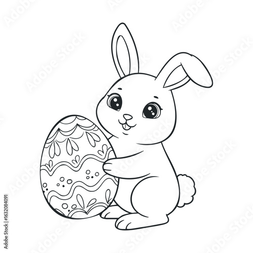 Adorable cartoon bunny with decorated easter egg line art