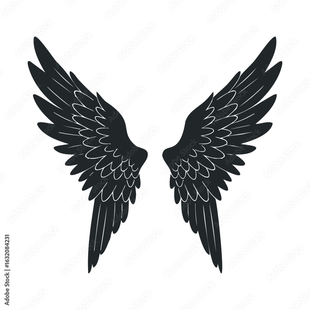 Obraz premium Illustration of black angel wings on white background
