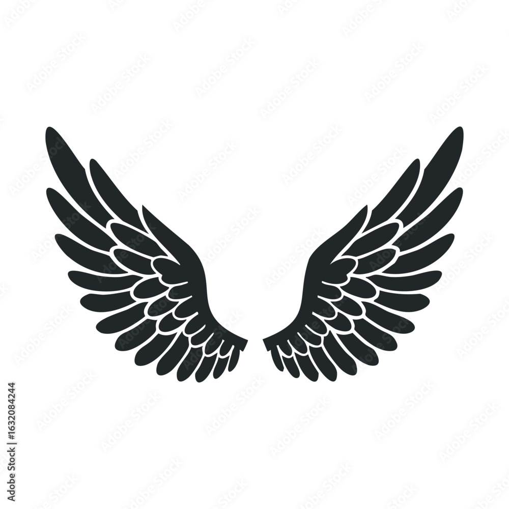 Obraz premium Black angel wings icon on white background: simple feathered design