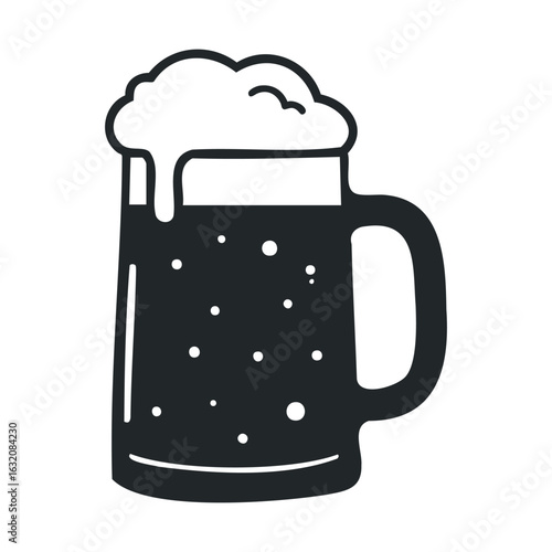Foamy beer mug silhouette with handle and bubbles