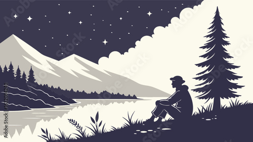 Man sitting alone at night looking at mountain lake and stars vector illustration landscape background