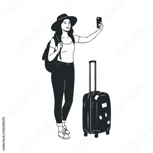 Young caucasian female traveler taking selfie with luggage and backpack