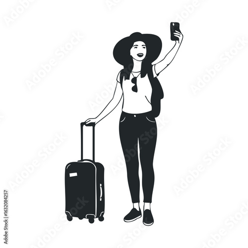 Young caucasian female tourist taking selfie with luggage and backpack