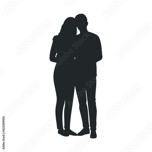Silhouette of young caucasian couple embracing in affectionate pose