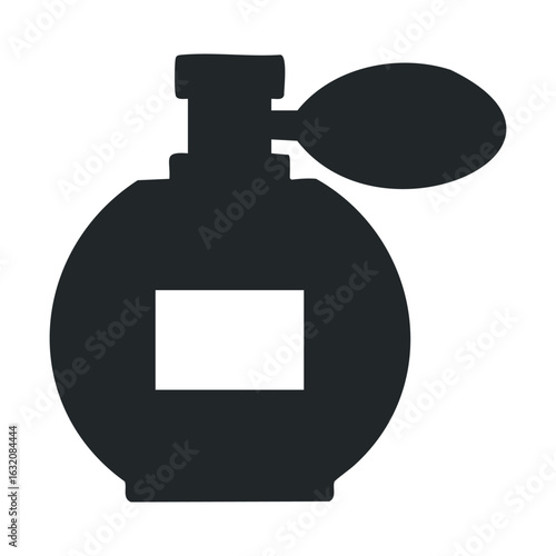 Classic black perfume bottle icon with atomizer on white background