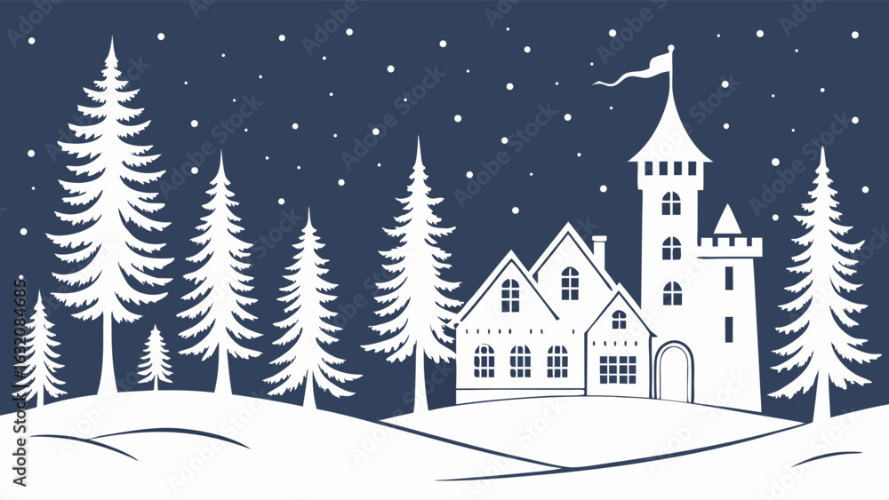 Naklejka premium Winter Landscape with Castle Houses and Pine Trees in Silhouette.
