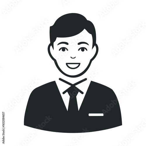 Smiling male avatar in suit with dark hair and tie on white background