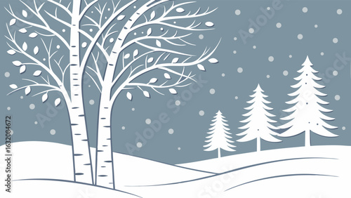 Winter Landscape Illustration Featuring Trees and Snowflakes Falling.