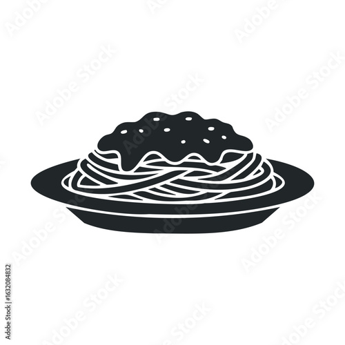Black and white icon of spaghetti pasta with tomato sauce on plate