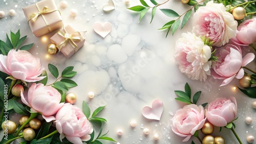 Wallpaper Mural Elegant Pink Peonies, Gifts, and Festive Accents on a Marble Background A Lovely Composition for Celebration Torontodigital.ca