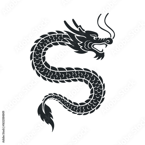 Black silhouette of chinese dragon with curved shape and detailed scales