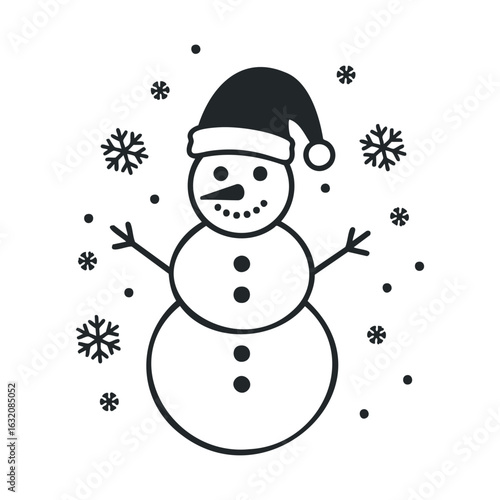 Cheerful snowman with santa hat and snowflakes in black and white illustration