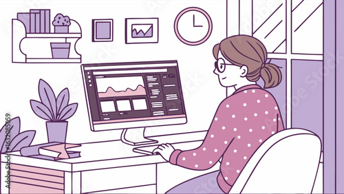 Woman Working at Computer in Home Office.
