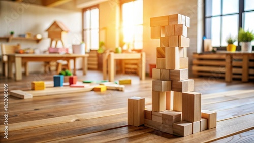 Wallpaper Mural Wooden Blocks Towering in a Sunlit Playroom, a Symbol of Early Childhood Development and Imaginative Play Torontodigital.ca