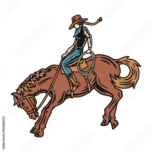 Retro style cowgirl riding a horse with a confident pose. Ideal for western, rodeo, or women-in-west-themed designs.