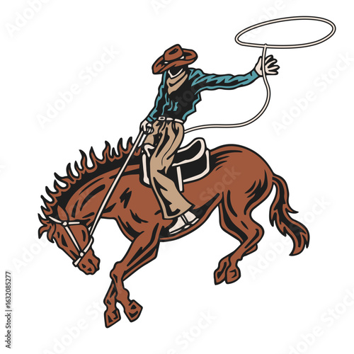 Retro-style cowboy riding a wild horse with a lasso in hand. Perfect for western, rodeo, or country-themed designs.