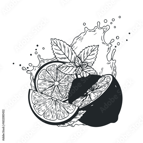 Black and white illustration of citrus fruit splash with mint leaves