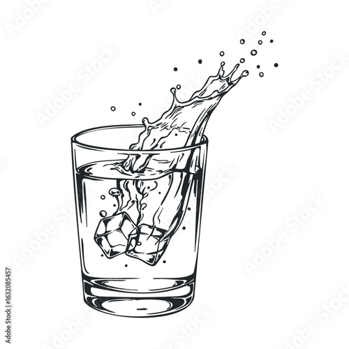 Splash of ice in water glass with ice cubes and droplets