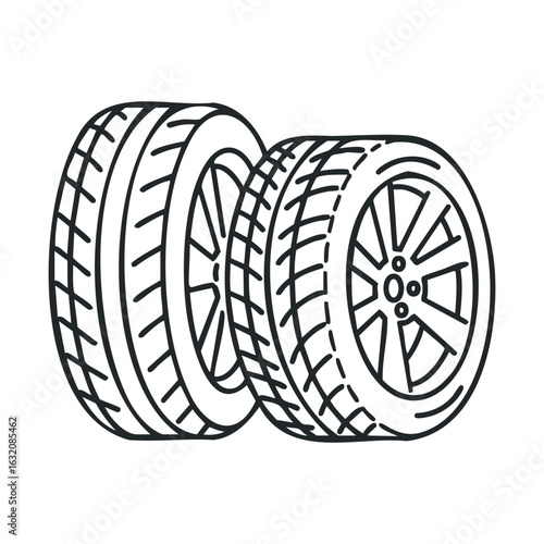 Outline illustration of two car tires with tread pattern and alloy rims