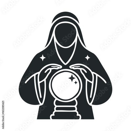 Mystical fortune teller silhouette with magic crystal ball