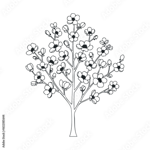 Black and white outline of blossom tree with simplistic floral design