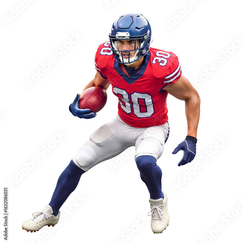 Athletic American football running back gripping ball tightly in stance