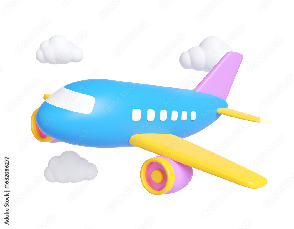 Naklejka premium Colorful 3D airplane soaring through the sky with fluffy clouds, perfect for travel concepts