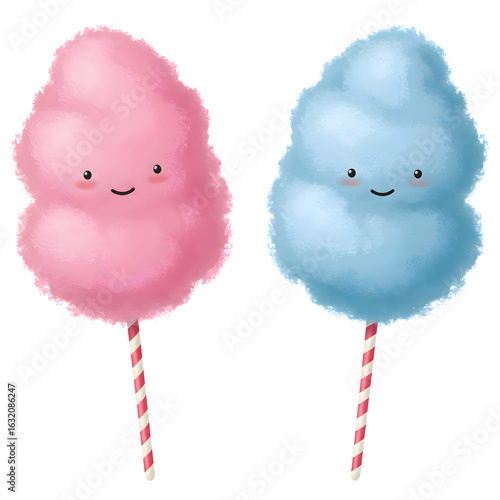 Cute Pink and Blue Cotton Candy with Smiling Faces on Striped Stick