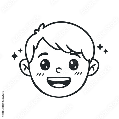 Cartoon portrait of smiling asian child with stars and short hair