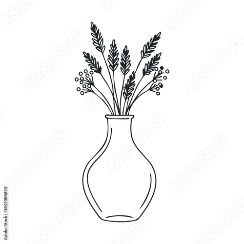 Black and white line art of vase with wildflowers and leaves