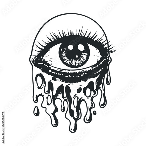 Dripping eye illustration: surreal melting eye art in black and white