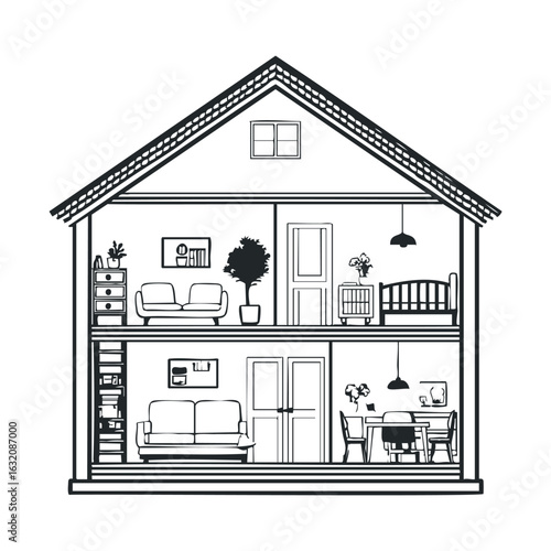 Black and white cutaway drawing of a cozy home interior