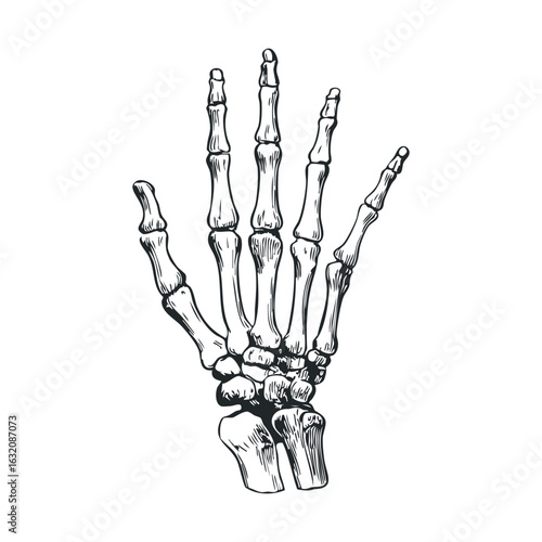 Detailed illustration of a human hand skeleton on white background