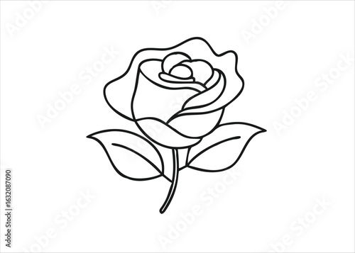 Elegant single line art depiction of a garden rose bloom with its delicate stem and leaves presented isolated on white background