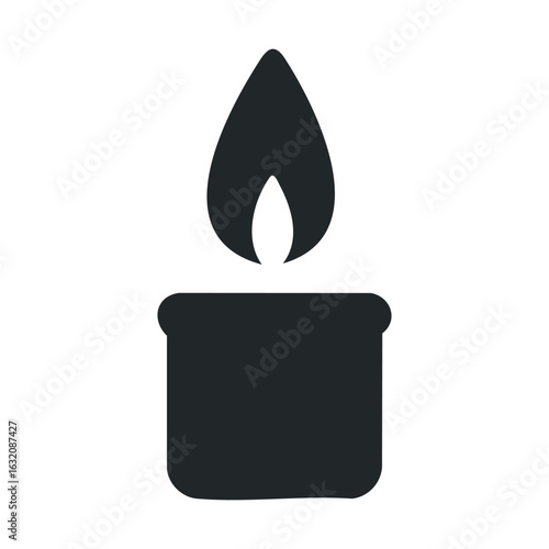 Minimalist black candle icon with flame on white background