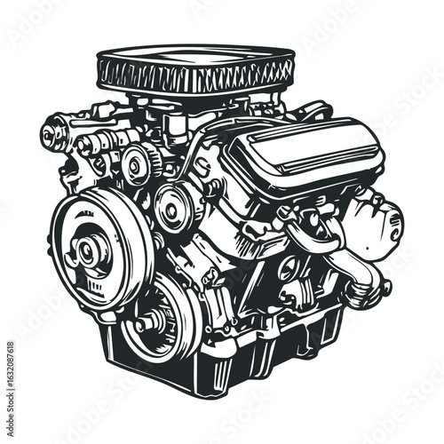 Detailed monochrome illustration of a classic engine design