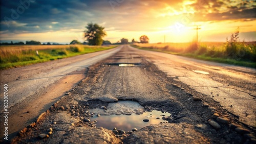 Sunset over a rural road with significant potholes reflecting the golden hour sky