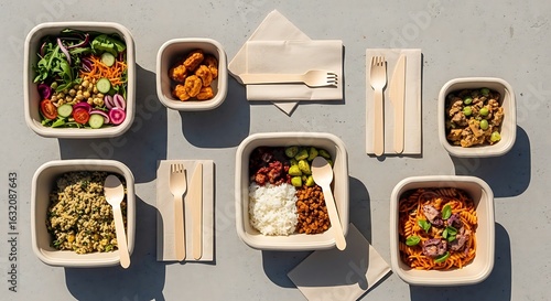 Assorted take-out food containers, featuring various dishes, on a light gray surface, with wooden utensils and napkins.