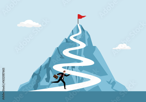 Businessman running up stairway to the top of mountain, Business concept growth and the path to success, Flat design vector illustration