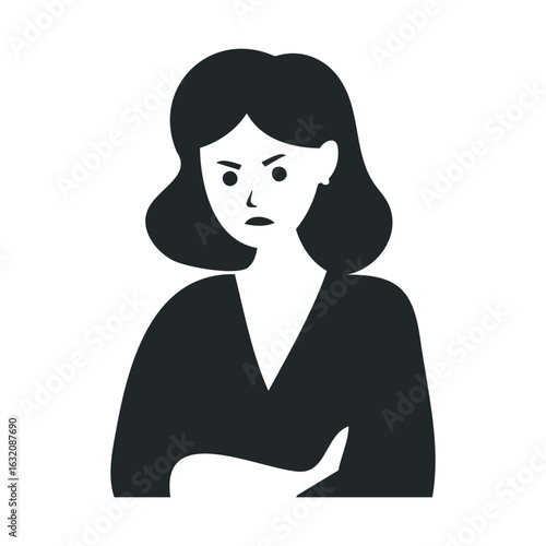 Illustrated female avatar with black hair and crossed arms on white background