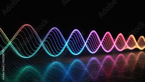 Colorful sound waves in a digital representation, showcasing vibrant patterns on a dark background, evoking a sense of rhythm and motion.