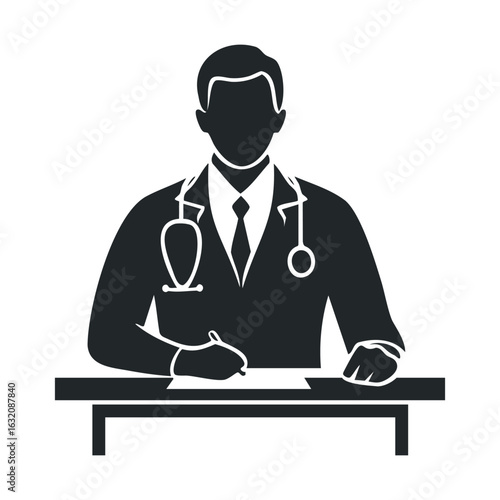 Silhouette of male doctor writing at desk with stethoscope