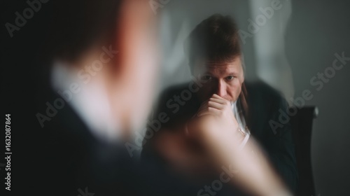 Businessman reflecting deeply while gazing into mirror, showcasing moment of contemplation and introspection. image captures essence of focus and determination in professional setting