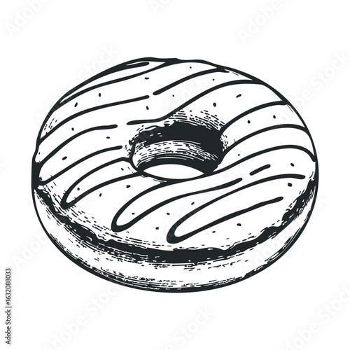 Hand-drawn glazed donut with drizzled icing in black and white