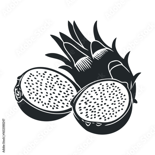 Monochrome illustration of halved dragon fruit with detailed texture