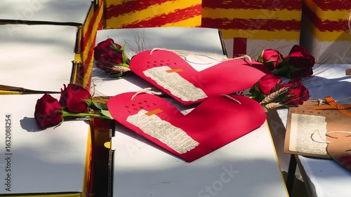Sant Jordi, holiday of Catalonia patron. Street stall with roses and books. High quality 4k footage