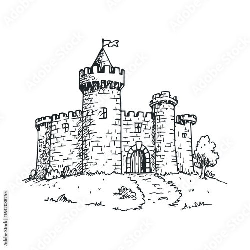 Medieval castle sketch with towers and battlements in black and white