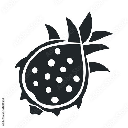 Monochrome illustration of dragon fruit with spiky leaves and dotted pattern